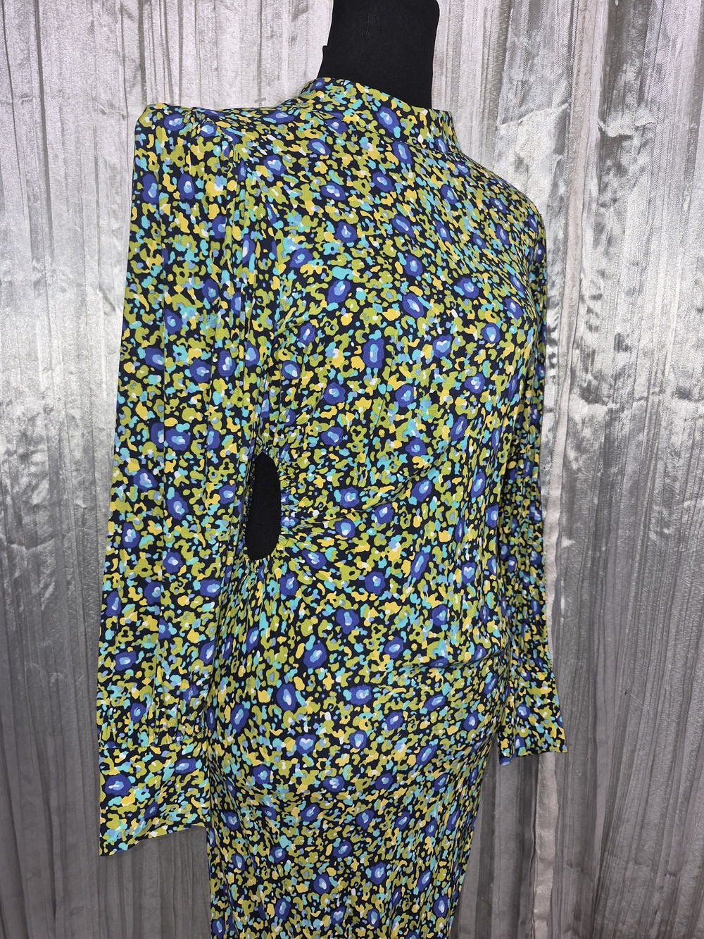 Rails Carmel midi dress in an abstract garden green, blue, and yellow Print
